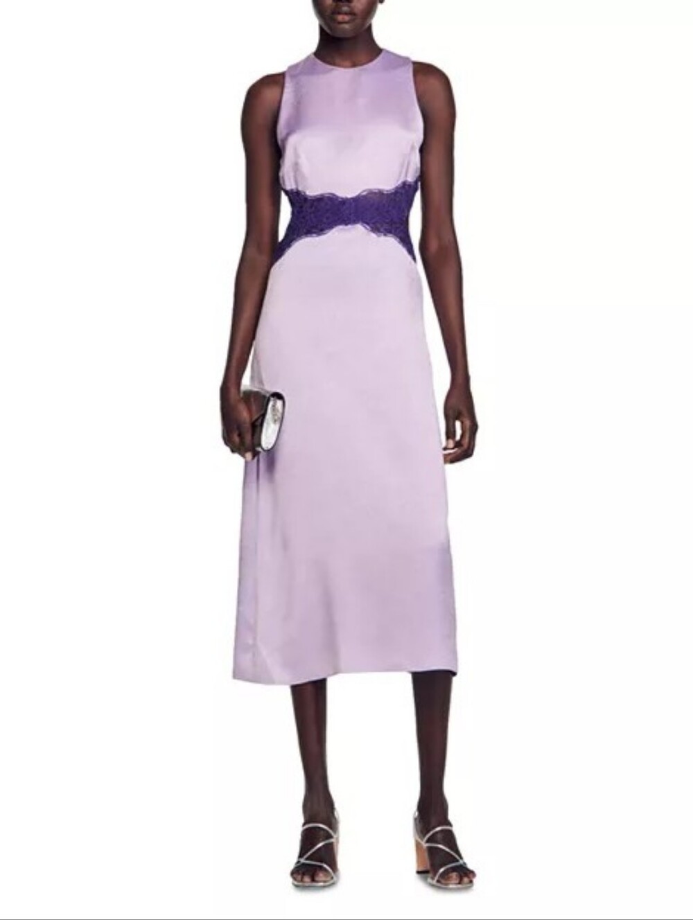 Sandro Lavender Satin Maxi Dress with Dark Purple Lace Waist